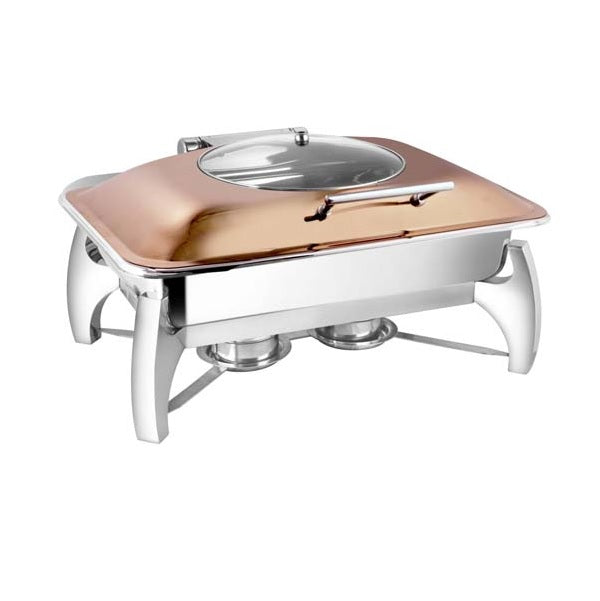 Rectangular Rose Gold Glass Lid Chafer W/ Grand Legs