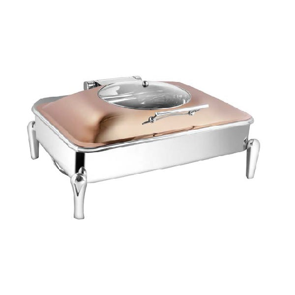 Rectangular Rose Gold Glass Lid Chafer W/ Neo Legs