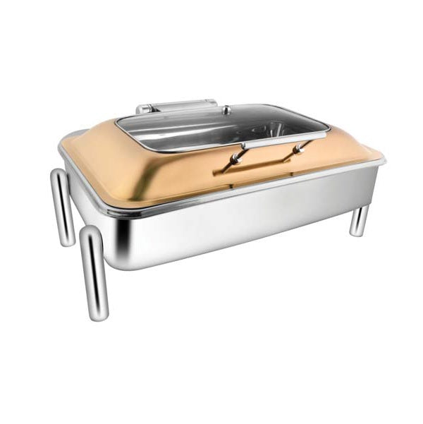 Rectangular Rose Gold Rect. Glass Chafer W/Pipe Legs