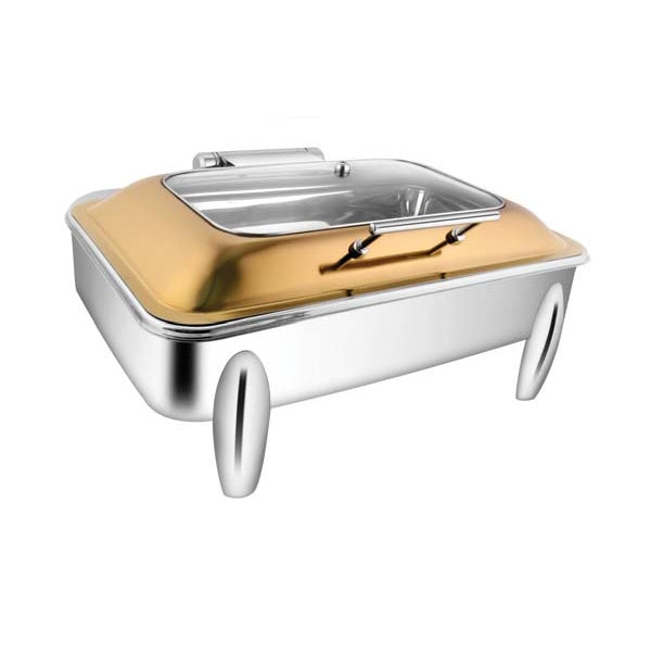 Rectangular Rose Gold Rect. Glass Chafer W/Curved Legs